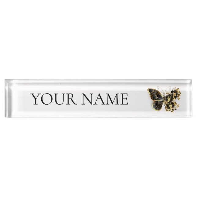 Gold Flower Butterfly with Black Orchid Desk Name Plate (Front)