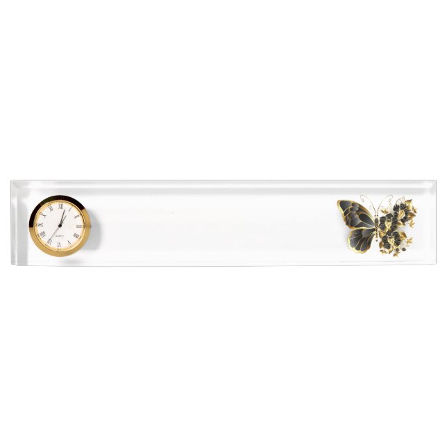 Gold Flower Butterfly with Black Orchid Desk Name Plate (Front)