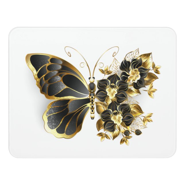 Gold Flower Butterfly with Black Orchid Door Sign (Contemporary Front)
