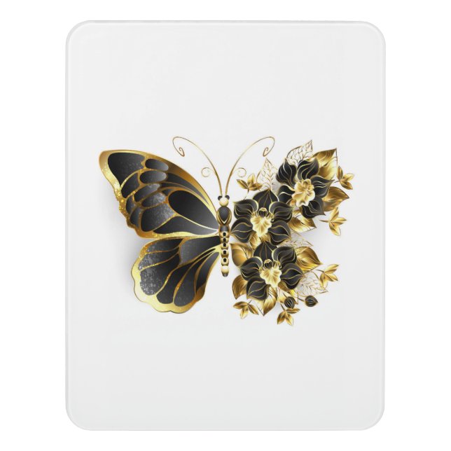 Gold Flower Butterfly with Black Orchid Door Sign (Contemporary Vert)