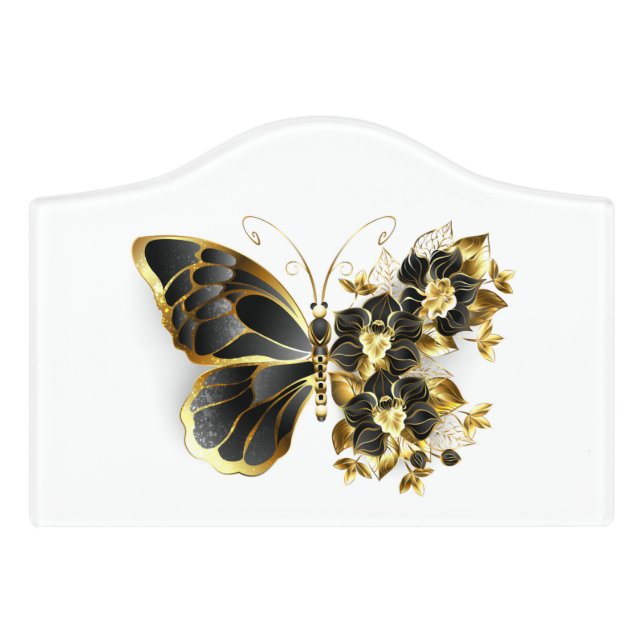 Gold Flower Butterfly with Black Orchid Door Sign (Small Crest Front)