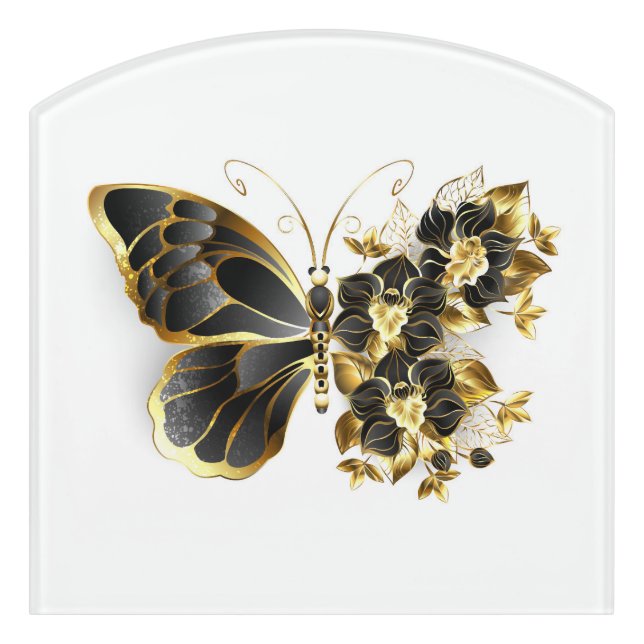 Gold Flower Butterfly with Black Orchid Door Sign (Contour Front)