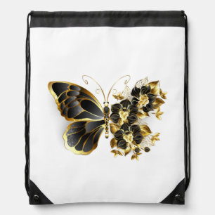Gold Flower Butterfly with Black Orchid Drawstring Bag