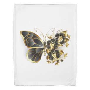 Gold Flower Butterfly with Black Orchid Duvet Cover