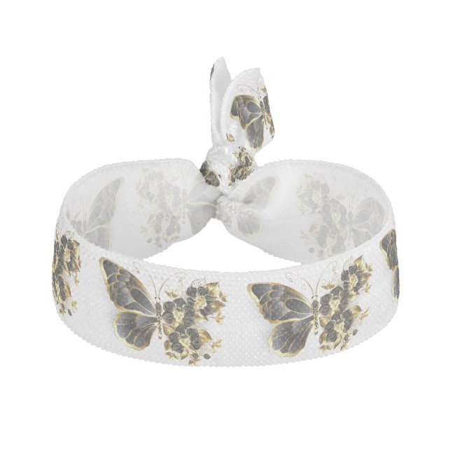 Gold Flower Butterfly with Black Orchid Elastic Hair Tie (Front)