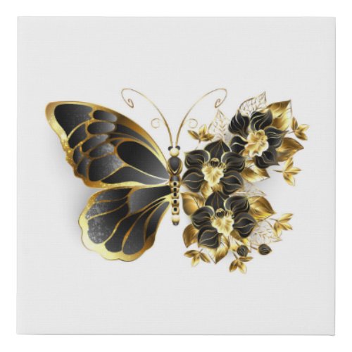 Gold Flower Butterfly with Black Orchid Faux Canvas Print