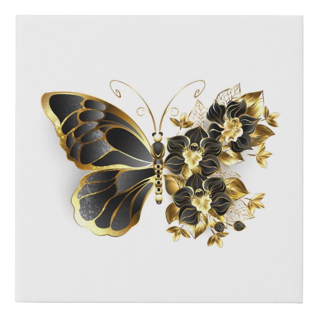 Gold Flower Butterfly with Black Orchid Faux Canvas Print (Front)