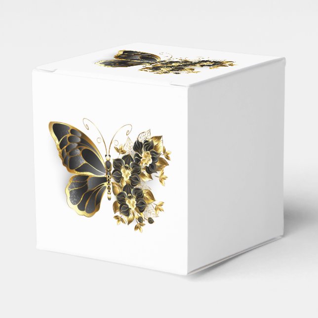 Gold Flower Butterfly with Black Orchid Favor Boxes (Front Side)