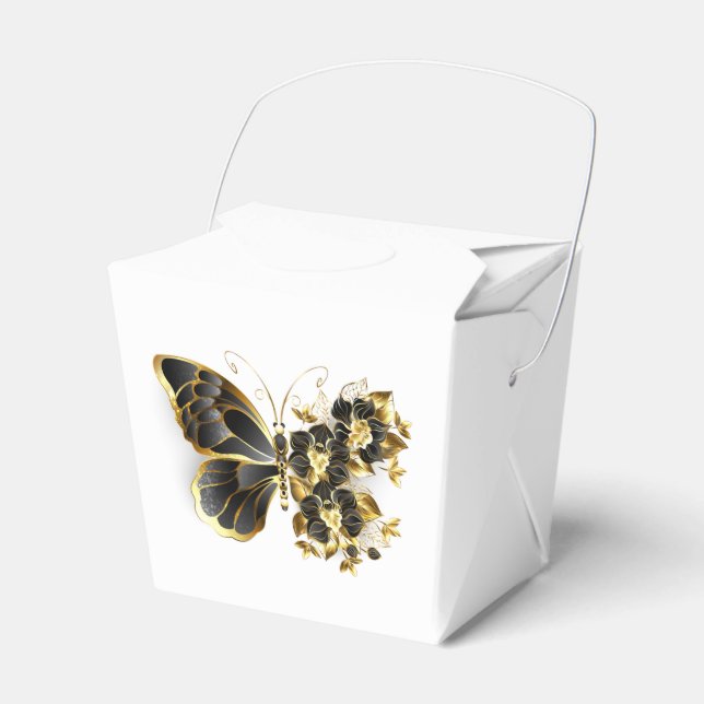 Gold Flower Butterfly with Black Orchid Favor Boxes (Front Side)
