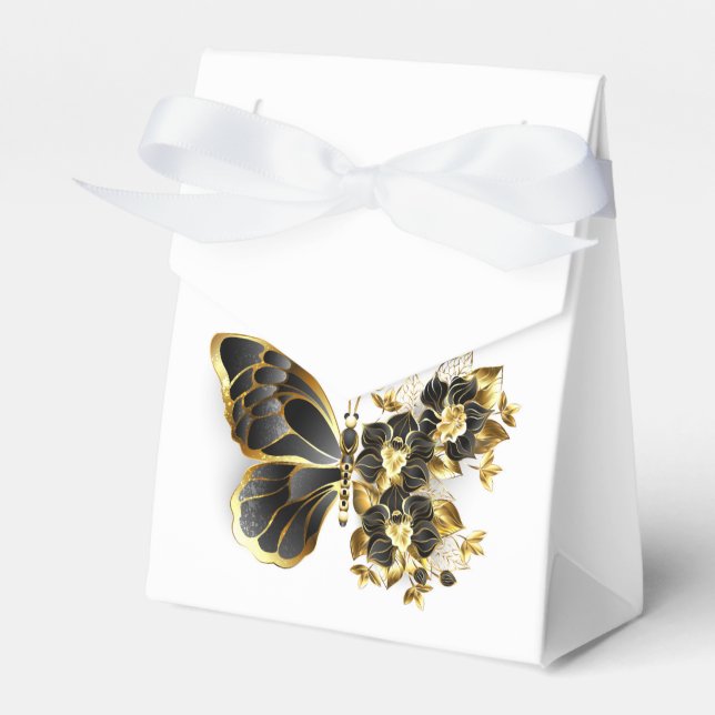 Gold Flower Butterfly with Black Orchid Favor Boxes (Front Side)