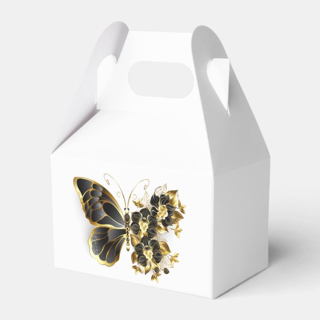 Gold Flower Butterfly with Black Orchid Favor Boxes (Front Side)