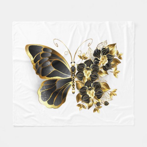 Gold Flower Butterfly with Black Orchid Fleece Blanket
