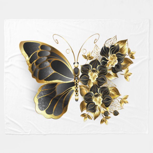Gold Flower Butterfly with Black Orchid Fleece Blanket (Front (Horizontal))
