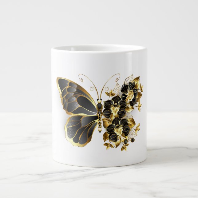 Gold Flower Butterfly with Black Orchid Giant Coffee Mug (Front)