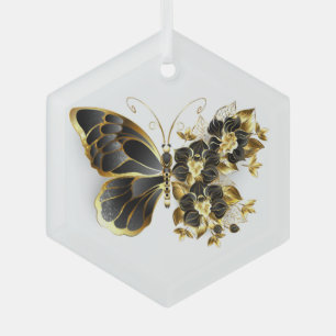 Gold Flower Butterfly with Black Orchid Glass Ornament