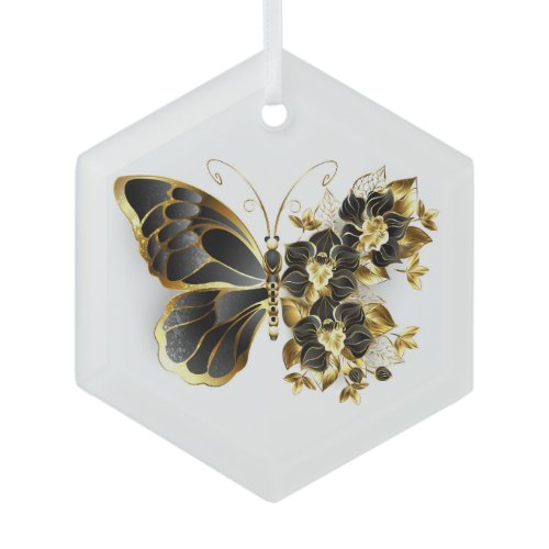 Gold Flower Butterfly with Black Orchid Glass Ornament