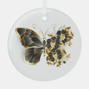 Gold Flower Butterfly with Black Orchid Glass Ornament