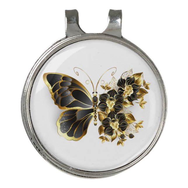 Gold Flower Butterfly with Black Orchid Golf Hat Clip (Front)