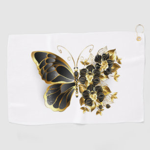 Gold Flower Butterfly with Black Orchid Golf Towel