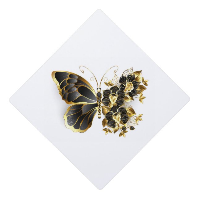 Gold Flower Butterfly with Black Orchid Graduation Cap Topper (Front)