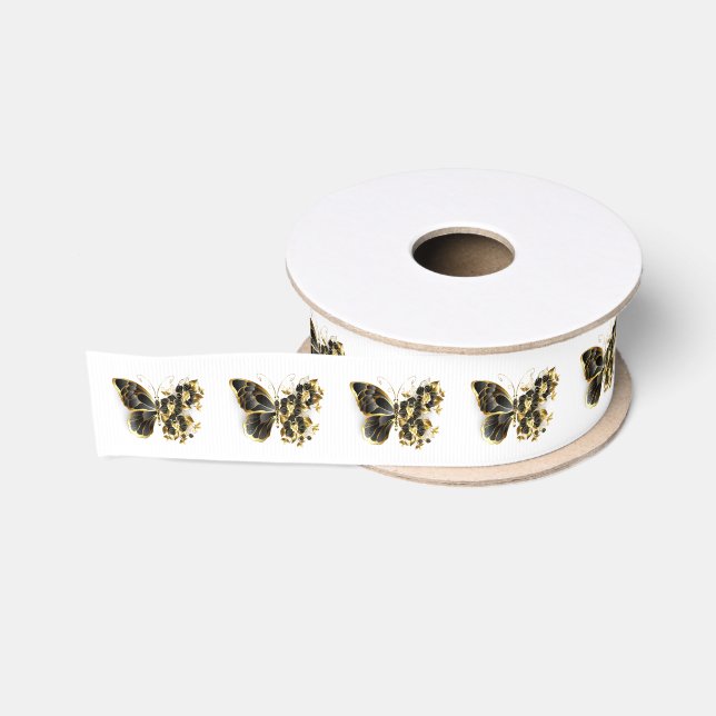 Gold Flower Butterfly with Black Orchid Grosgrain Ribbon (Spool)