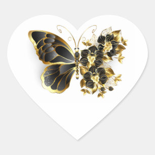 Gold Flower Butterfly with Black Orchid Heart Sticker