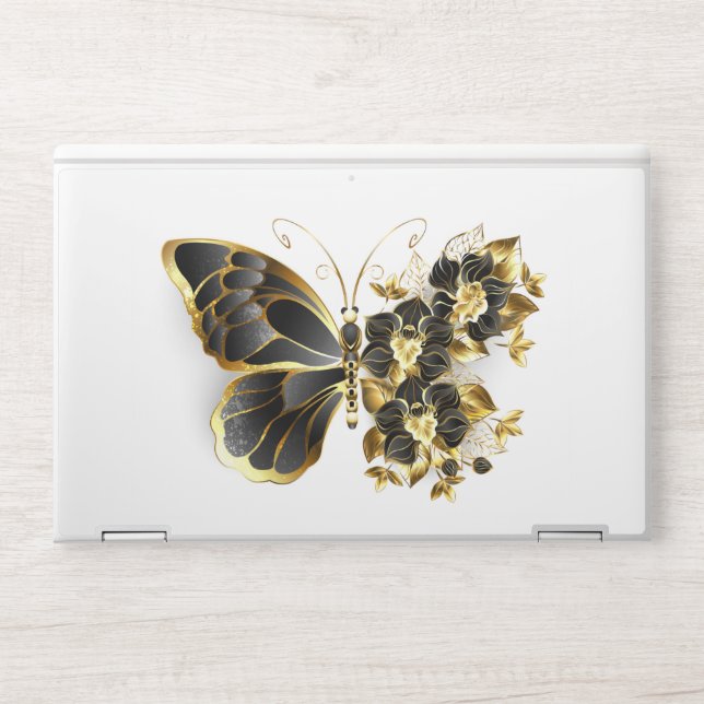 Gold Flower Butterfly with Black Orchid HP Laptop Skin (Front)