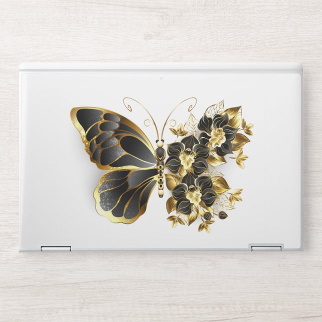 Gold Flower Butterfly with Black Orchid HP Laptop Skin (Front)