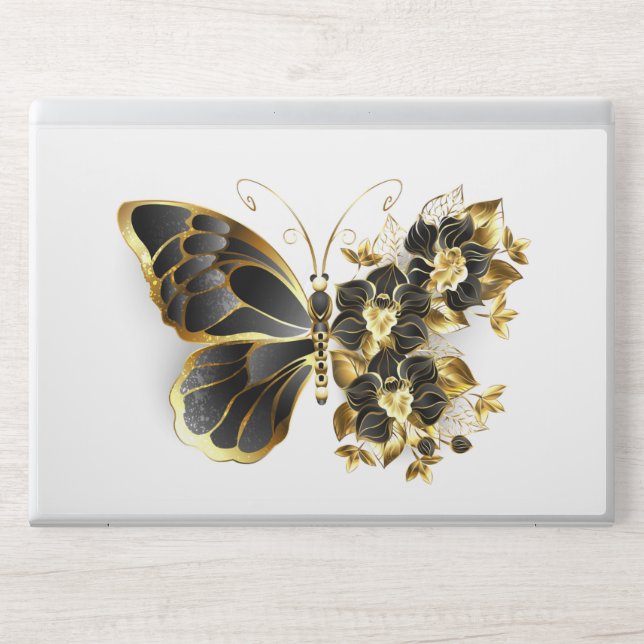 Gold Flower Butterfly with Black Orchid HP Laptop Skin (Front)