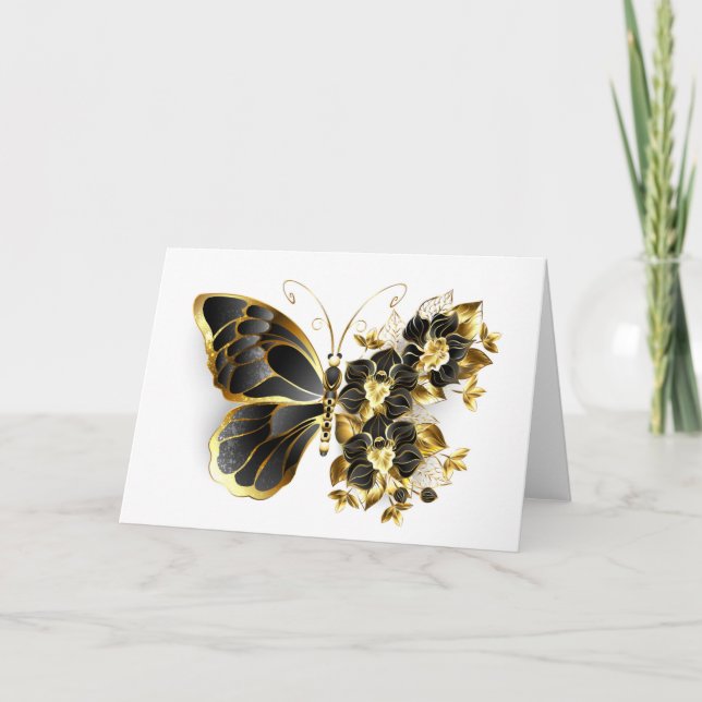 Gold Flower Butterfly with Black Orchid Invitation (Front)