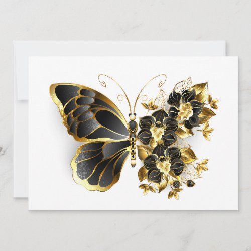 Gold Flower Butterfly with Black Orchid Invitation