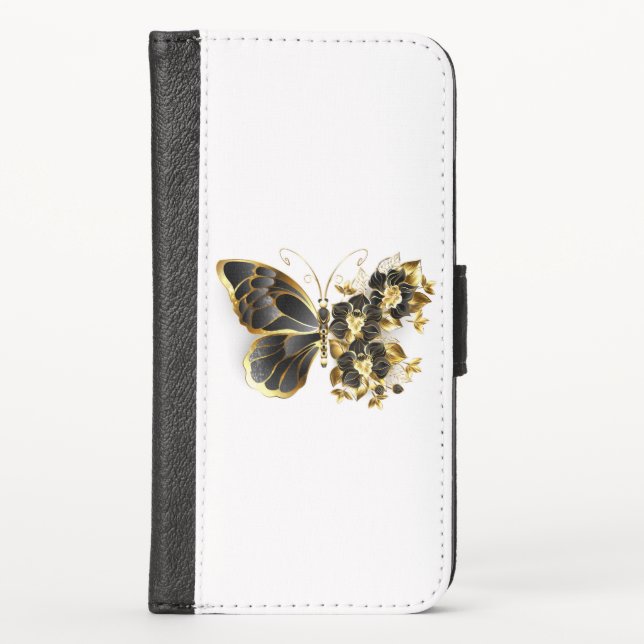 Gold Flower Butterfly with Black Orchid iPhone Wallet Case (Front)