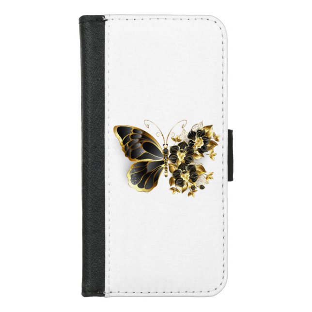 Gold Flower Butterfly with Black Orchid iPhone Wallet Case (Front)