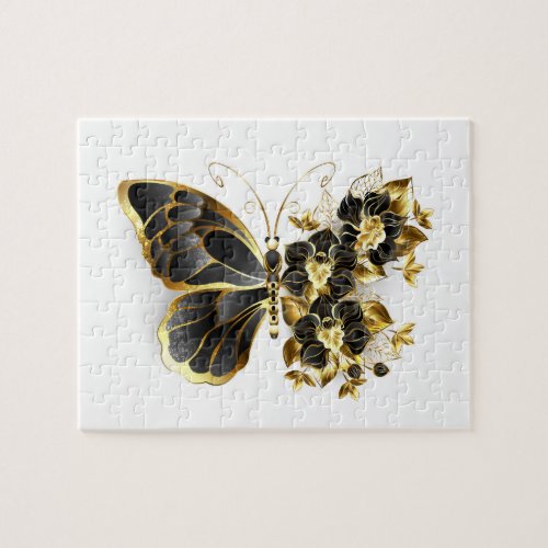 Gold Flower Butterfly with Black Orchid Jigsaw Puzzle