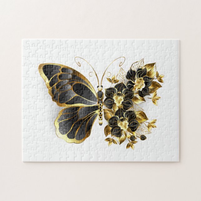 Gold Flower Butterfly with Black Orchid Jigsaw Puzzle (Horizontal)