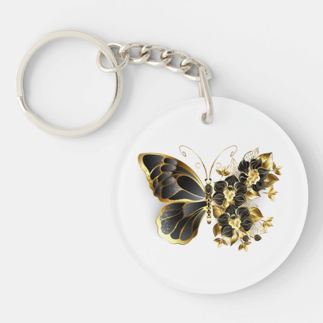 Gold Flower Butterfly with Black Orchid Keychain (Front)