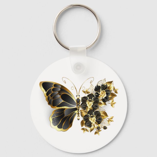 Gold Flower Butterfly with Black Orchid Keychain (Front)