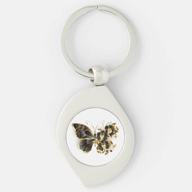 Gold Flower Butterfly with Black Orchid Keychain (Front)