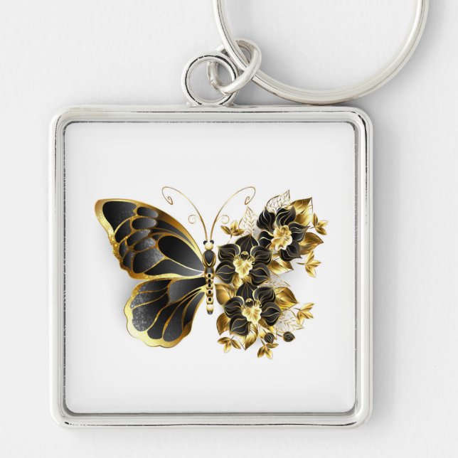 Gold Flower Butterfly with Black Orchid Keychain (Front)