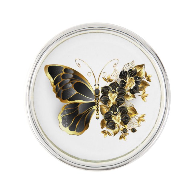 Gold Flower Butterfly with Black Orchid Lapel Pin (Front)