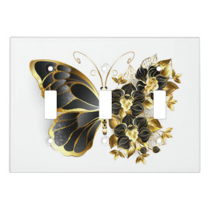Gold Flower Butterfly with Black Orchid Light Switch Cover
