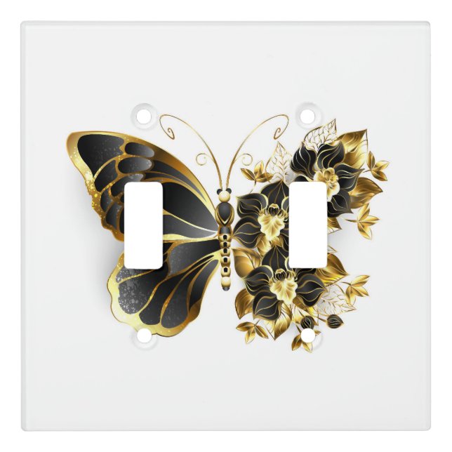 Gold Flower Butterfly with Black Orchid Light Switch Cover (Front)