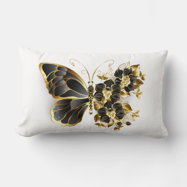 Gold Flower Butterfly with Black Orchid Lumbar Pillow (Front)