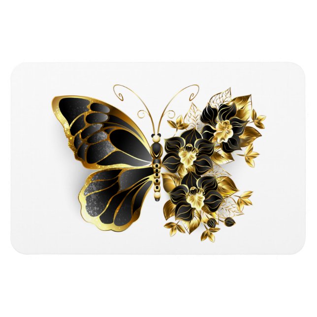 Gold Flower Butterfly with Black Orchid Magnet (Horizontal)