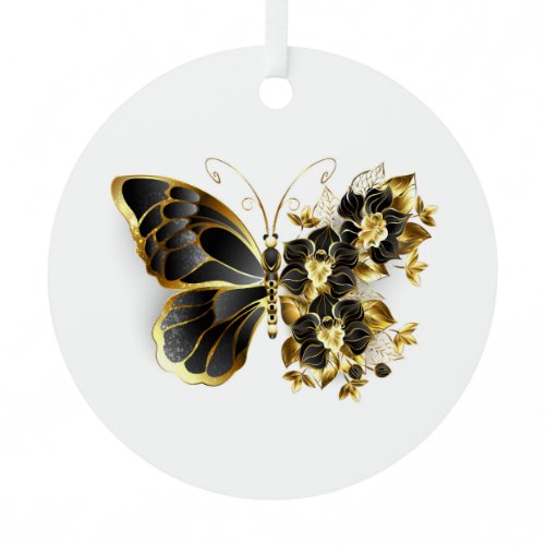 Gold Flower Butterfly with Black Orchid Metal Ornament
