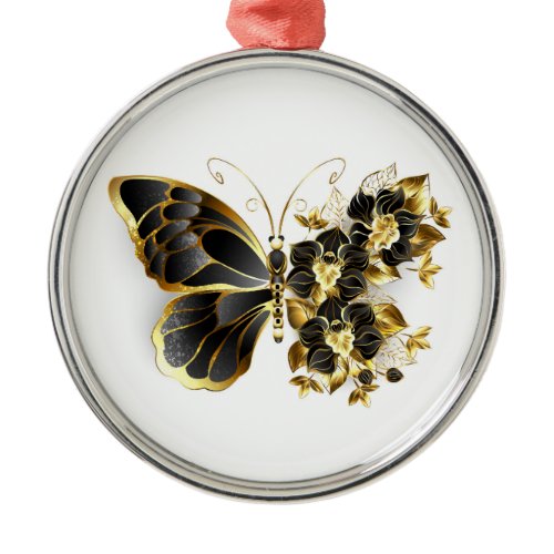 Gold Flower Butterfly with Black Orchid Metal Ornament