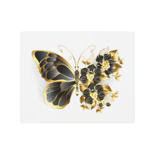 Gold Flower Butterfly with Black Orchid Metal Print