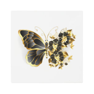 Gold Flower Butterfly with Black Orchid Metal Print