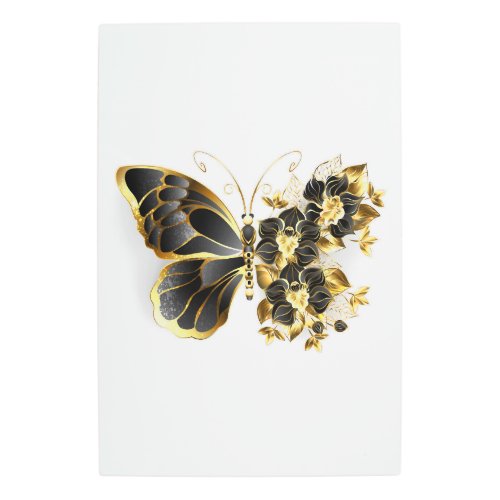 Gold Flower Butterfly with Black Orchid Metal Print