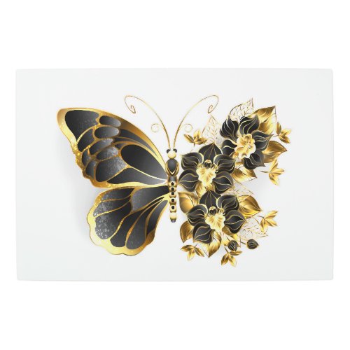 Gold Flower Butterfly with Black Orchid Metal Print
